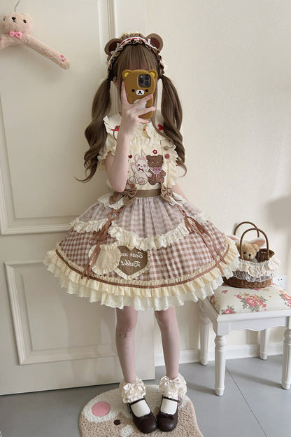 Rabbit Bear Plaid Ruffle Bow Sweet Lolita Skirt with Blouse