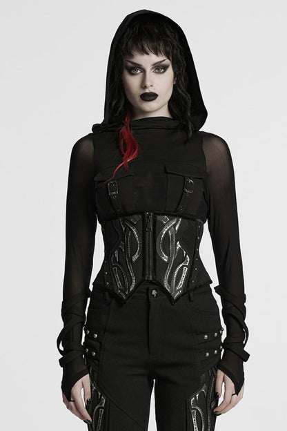 Mesh Zippered Black Asymmetric Punk Underbust Corset for Women