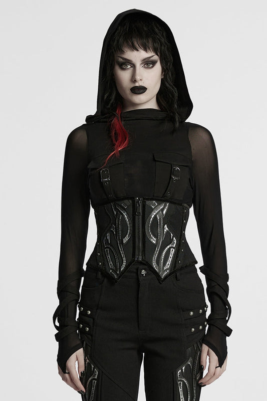 Mesh Zippered Black Asymmetric Punk Underbust Corset for Women