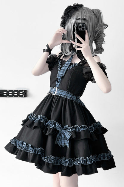 Black Dark Night Starlight Chain Ruffle Bow Lace Buckle Gothic College Lolita Dress Set