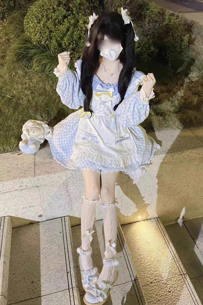 Blue Tartan Bow Lace Sweet Lolita Dress