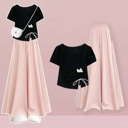 Pantskirt T-shirt Drawstring Two Wide Pieces Flower Leg Set