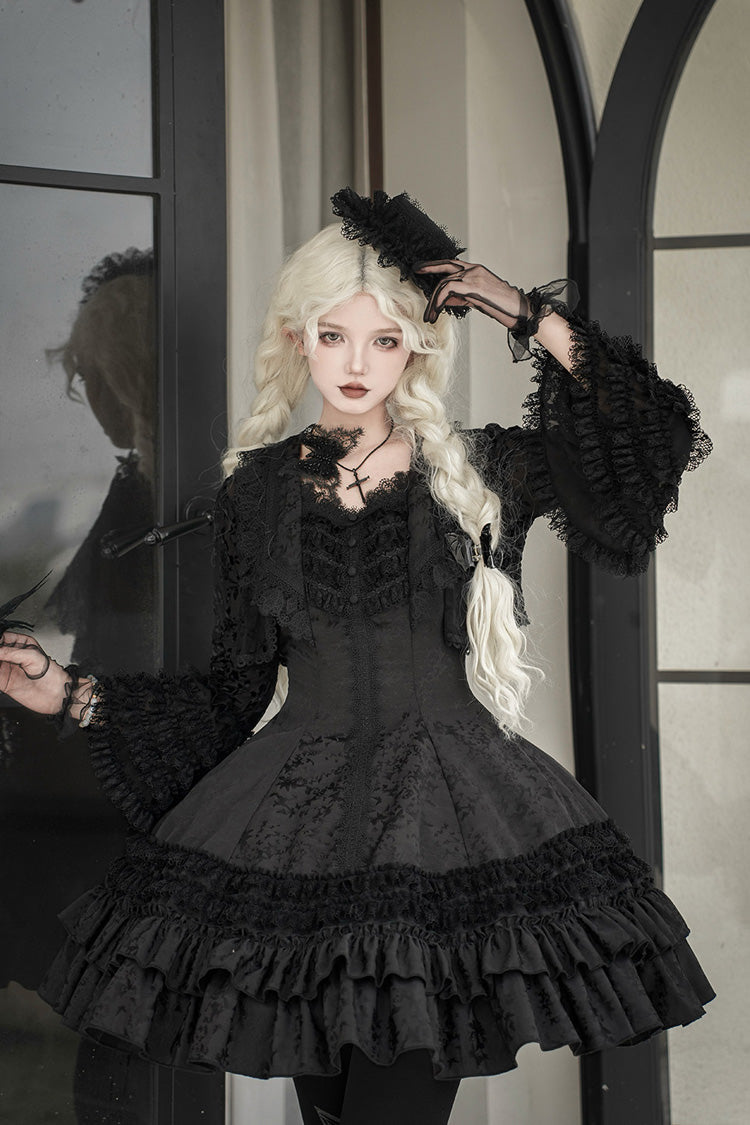 Double-Layered Striped Printed Gothic Jumper Dress with Jacquard Ruffles - Escape