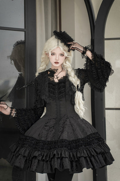 Double-Layered Striped Printed Gothic Jumper Dress with Jacquard Ruffles - Escape