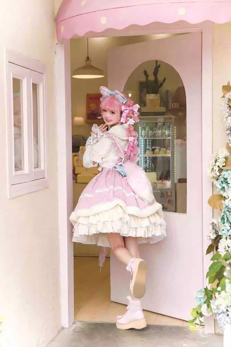 White and Pink Little Fox Multi-Layer Ruffled Bow-Trim Long-Sleeved Sweet Lolita Dress