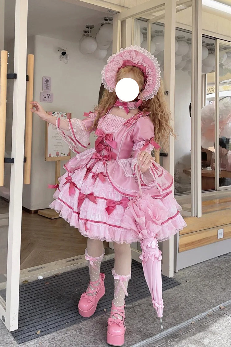 Rose Velvet Cake Long Trumpet Sleeves Multi Ruffle Bow Lace Sweet Lolita Dress