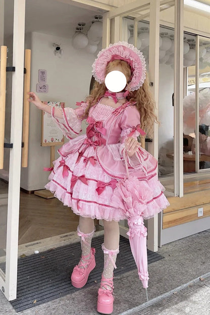 Rose Velvet Cake Long Trumpet Sleeves Multi Ruffle Bow Lace Sweet Lolita Dress