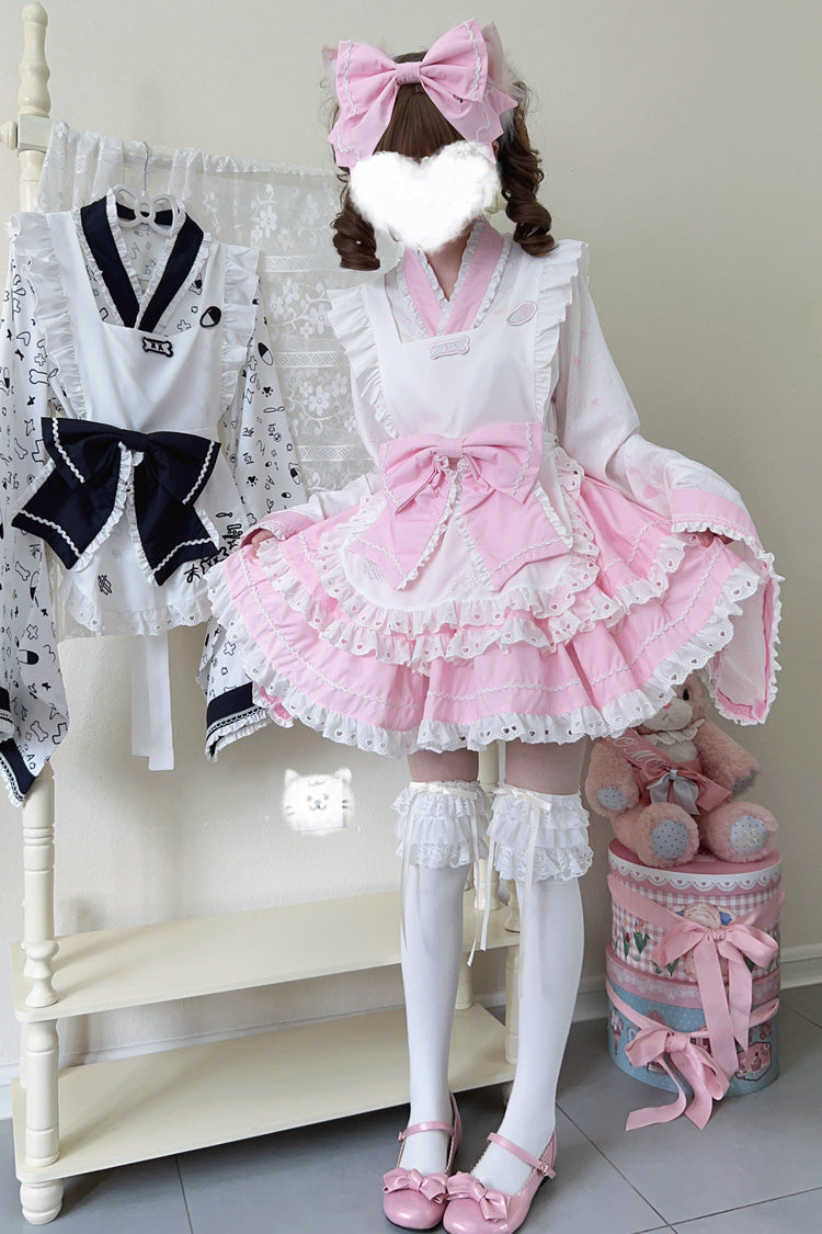 Pink White Double-Layer Ruffle Bow Maid Sweet Lolita Skirt Set