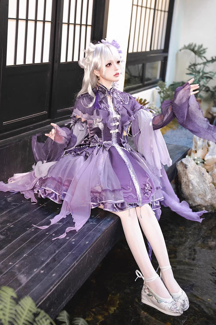 Embroidered Pearl Gothic Jumper Dress Set - Purple