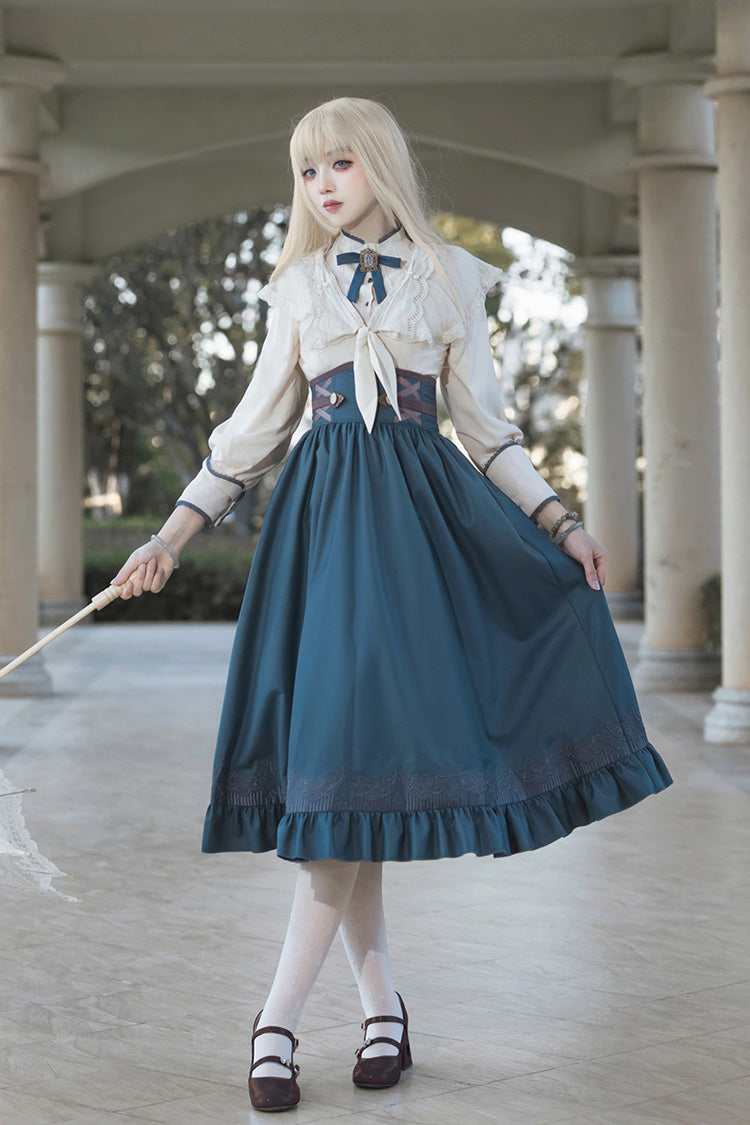Blue Ruffle Embroidered Lace-Up Sweet College Elegant Lolita Skirt