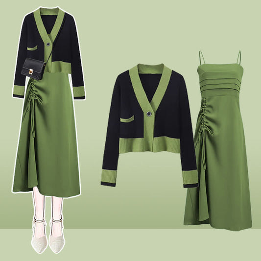 Dress Drawstring Split Sweater Green Cardigan Slip Crop