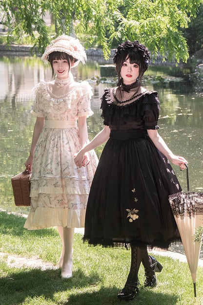 Daisy Cherry Embroidered Edwardian Lolita Dress with Short Sleeves