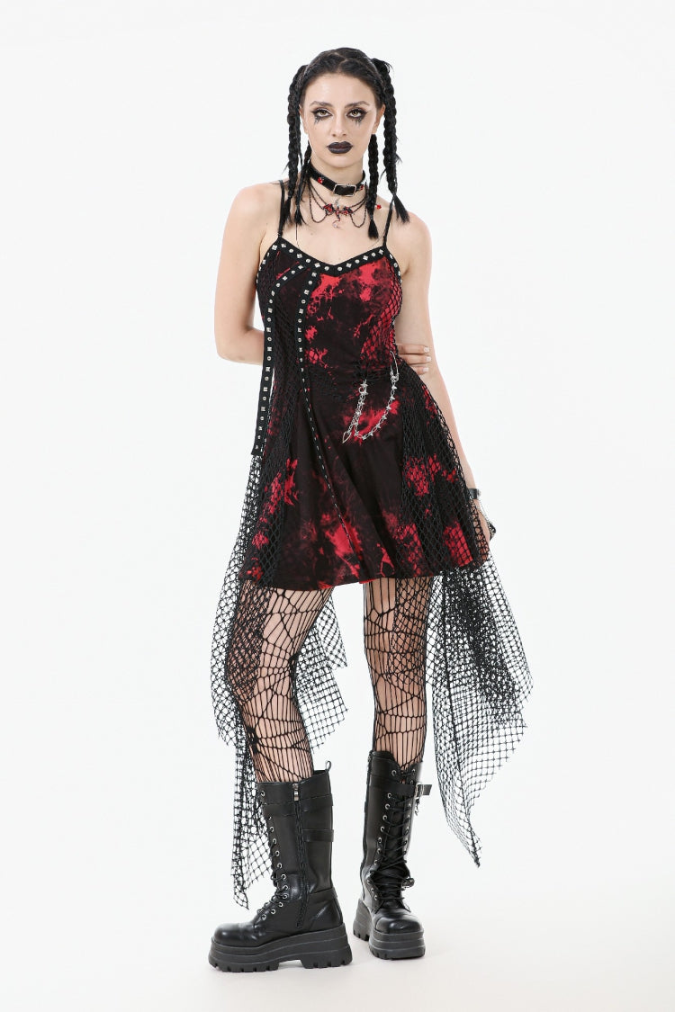 Scarlet Sleeveless Mesh Hem Asymmetrical Tie-Dyed Slip Dress