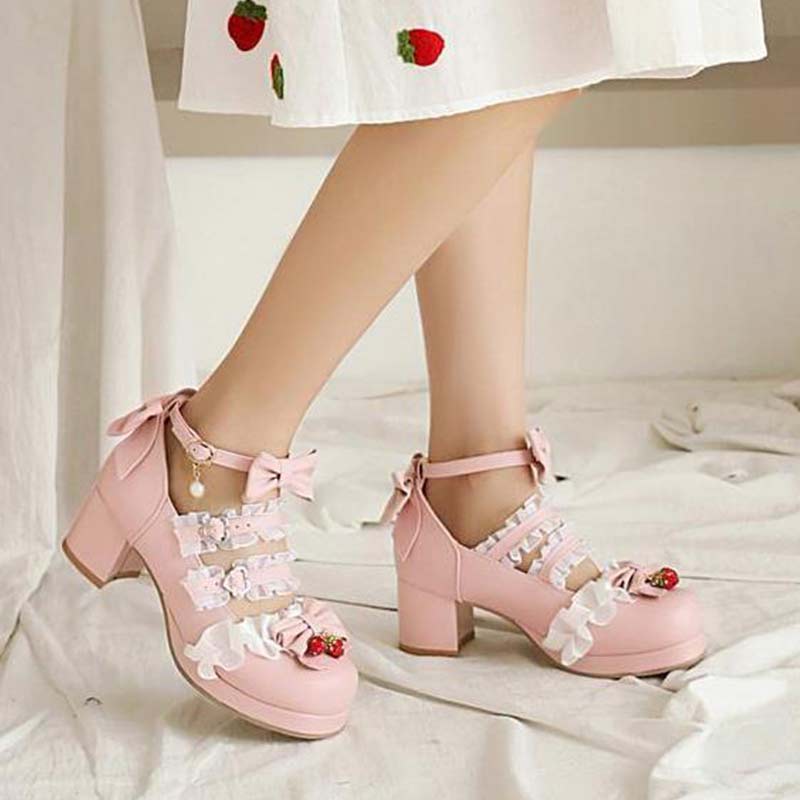 Kawaii Lace Bow Lolita Kitten Heel Mary Janes Shoes