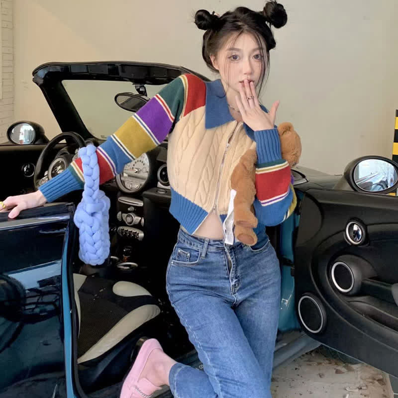 Stripe Set Sweater Colorblock Cardigan Pants