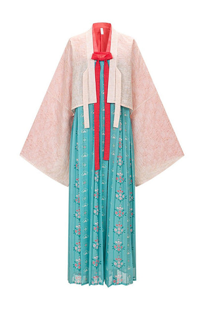 Emerald Peach Blossoms and Spring Long Sleeves Print Embroidery Classic Hanfu Dress