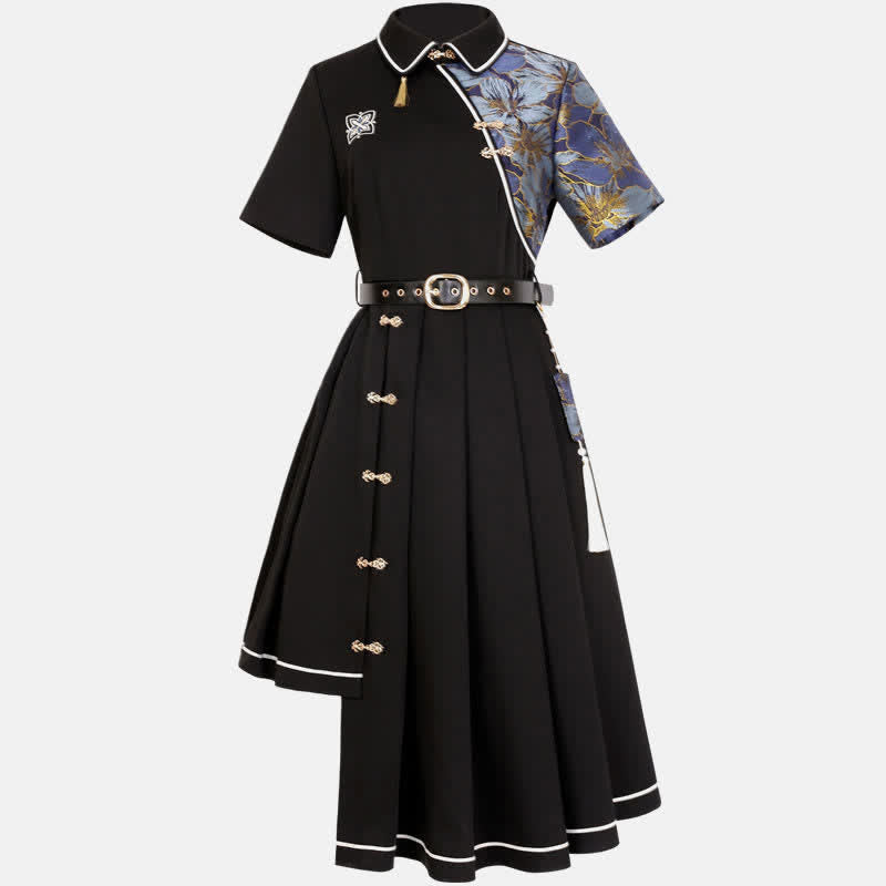 Black Lapel Floral Embroidery Button Splice Irregular Dress With Belt