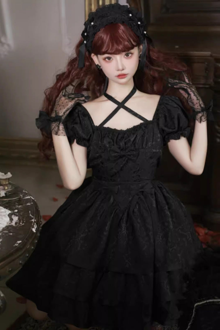 Black Short Sleeve Ruffle Bowknot Dress - Gothic Lolita