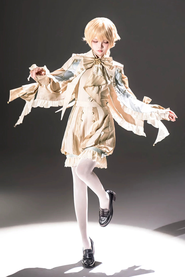 Golden Stand-Collar Long-Sleeve Embroidered Ruffled Bow Ouji Ensemble