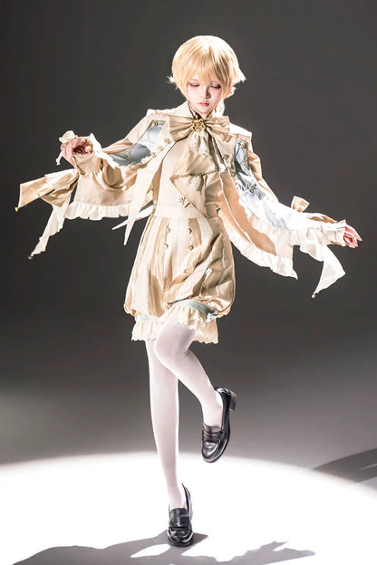 Golden Stand-Collar Long-Sleeve Embroidered Ruffled Bow Ouji Ensemble