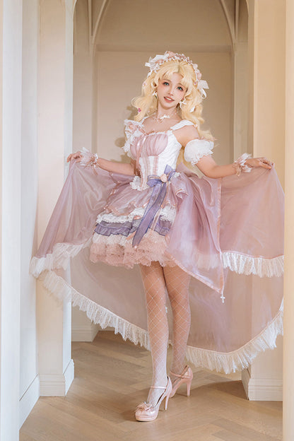 Pink Purple Rose Memoirs Sleeveless Multi-Layer Bow Lace Sweet Lolita Skirt Set
