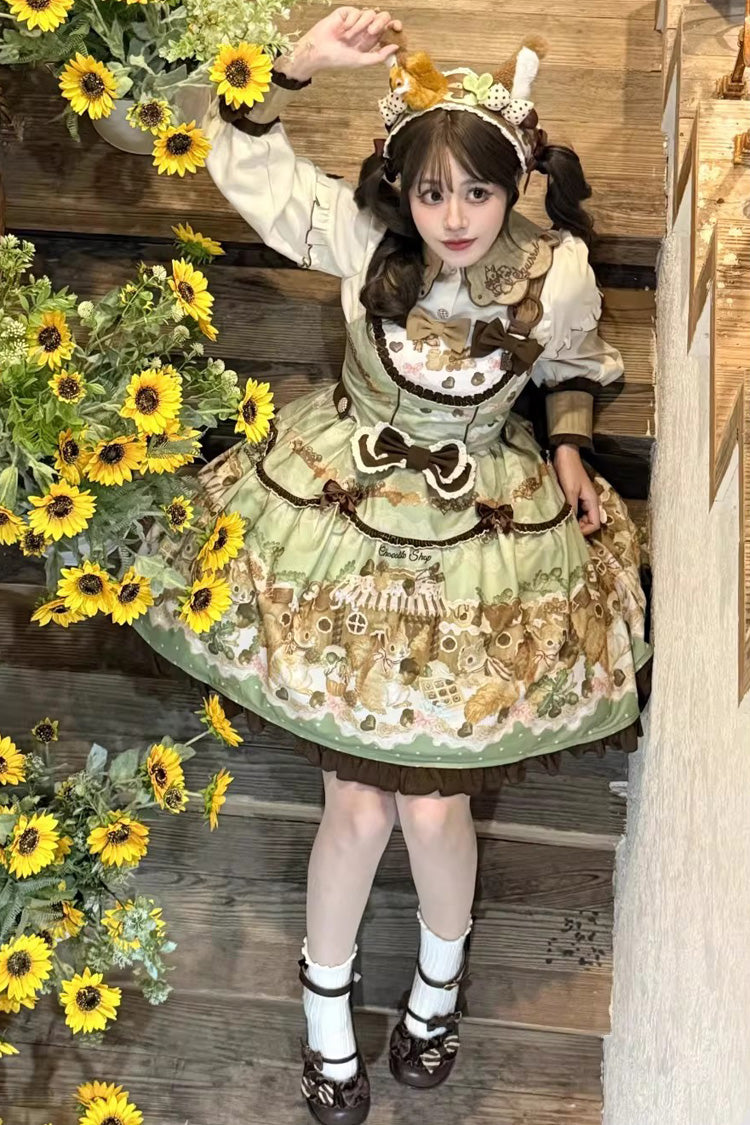 Emerald Printed Ruffled Bow Lolita JSK w/ Blouse - Squirrel Chocolate