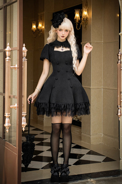 Double-Breasted Hollow Gothic Short-Sleeve Dress