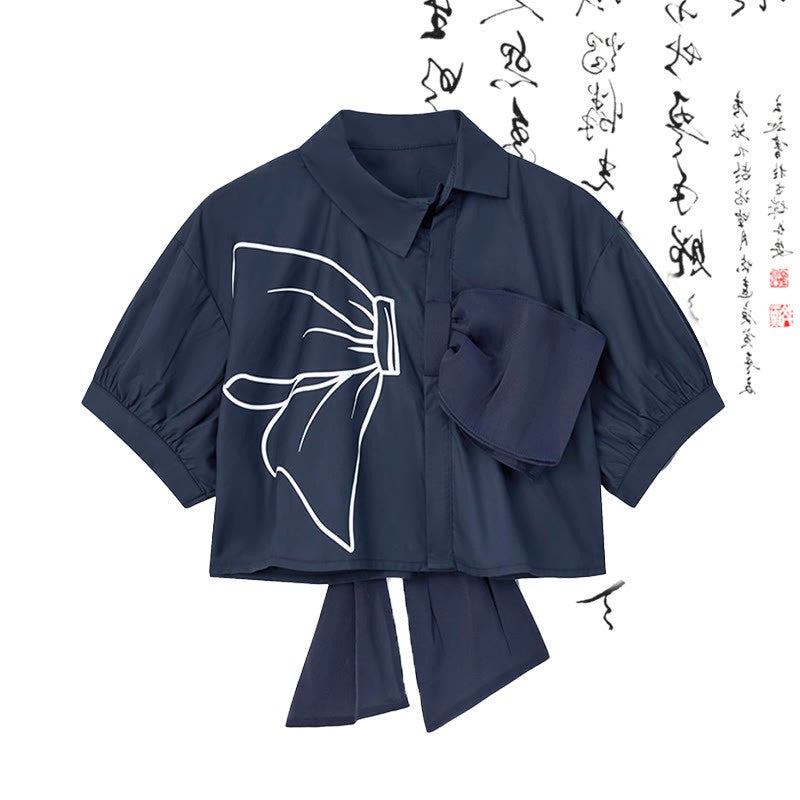 High Skirt Waist T-Shirt Print Pleated Bow