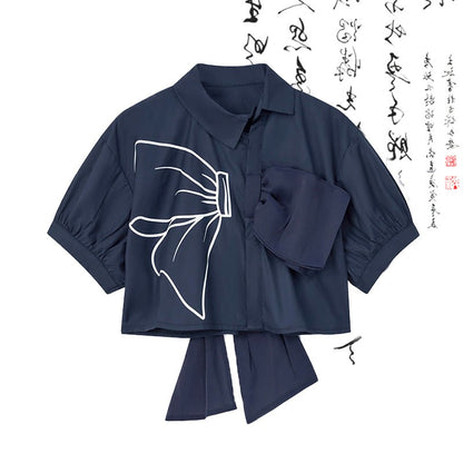 High Skirt Waist T-Shirt Print Pleated Bow