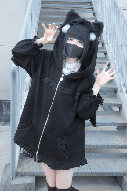 Black Cat Ear Hooded Ruffle Bow Gothic Coat