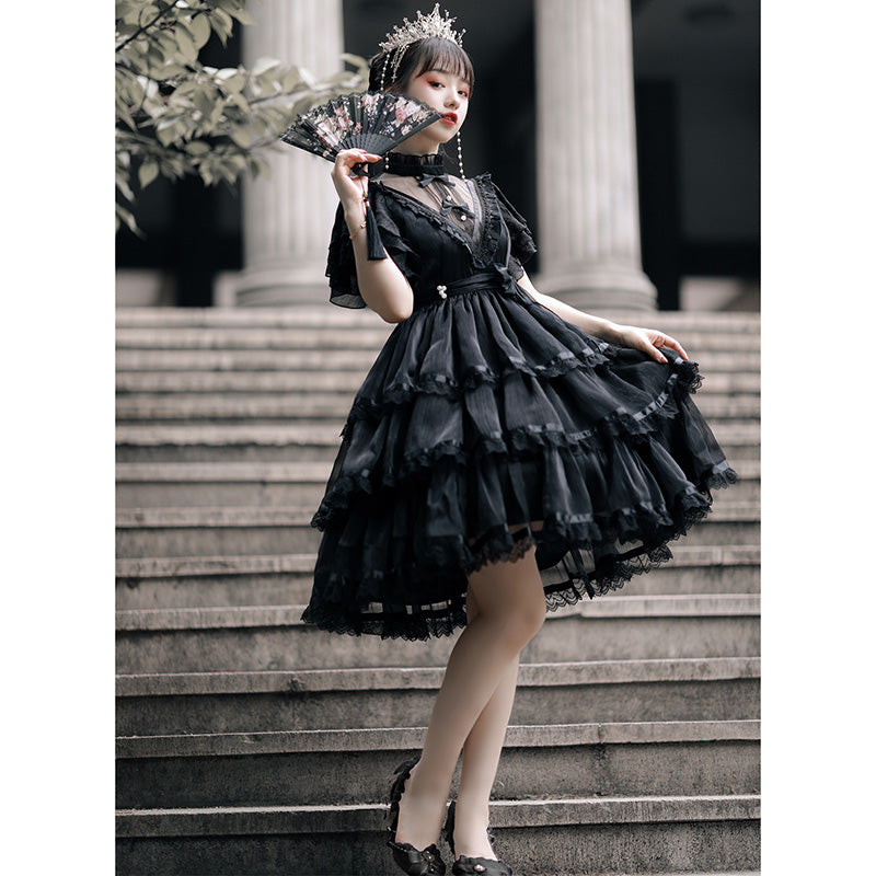 Elegantes Lolita-Kleid mit hohem Kragen, Schleife und Knoten