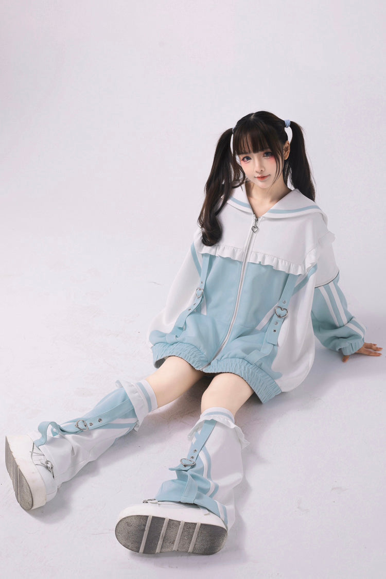 Ruffle Color Block Zipper Coat Three Shades