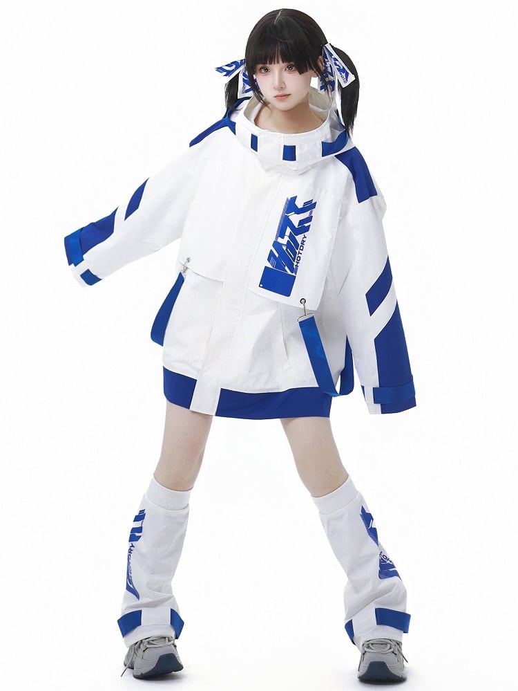 Blue and White Jirai Kei Techwear Straps Hooded Windbreaker Jacket