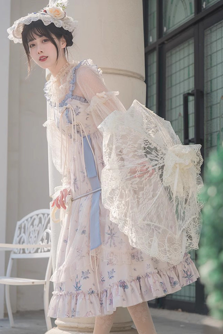 Elegant Floral Wall Print Sweet Lolita Gown with Ruffles