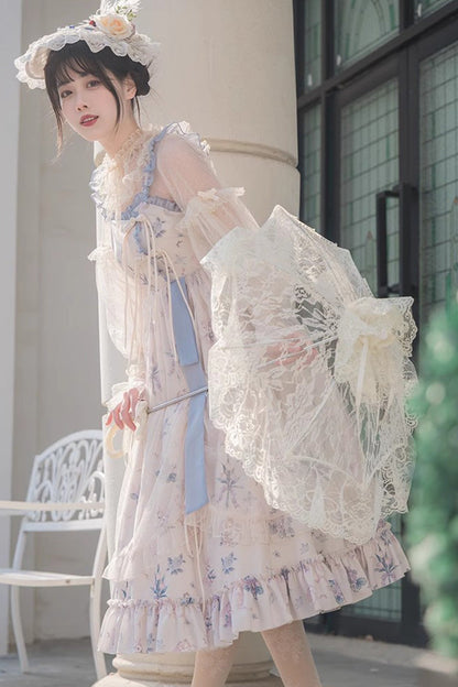 Elegant Floral Wall Print Sweet Lolita Gown with Ruffles
