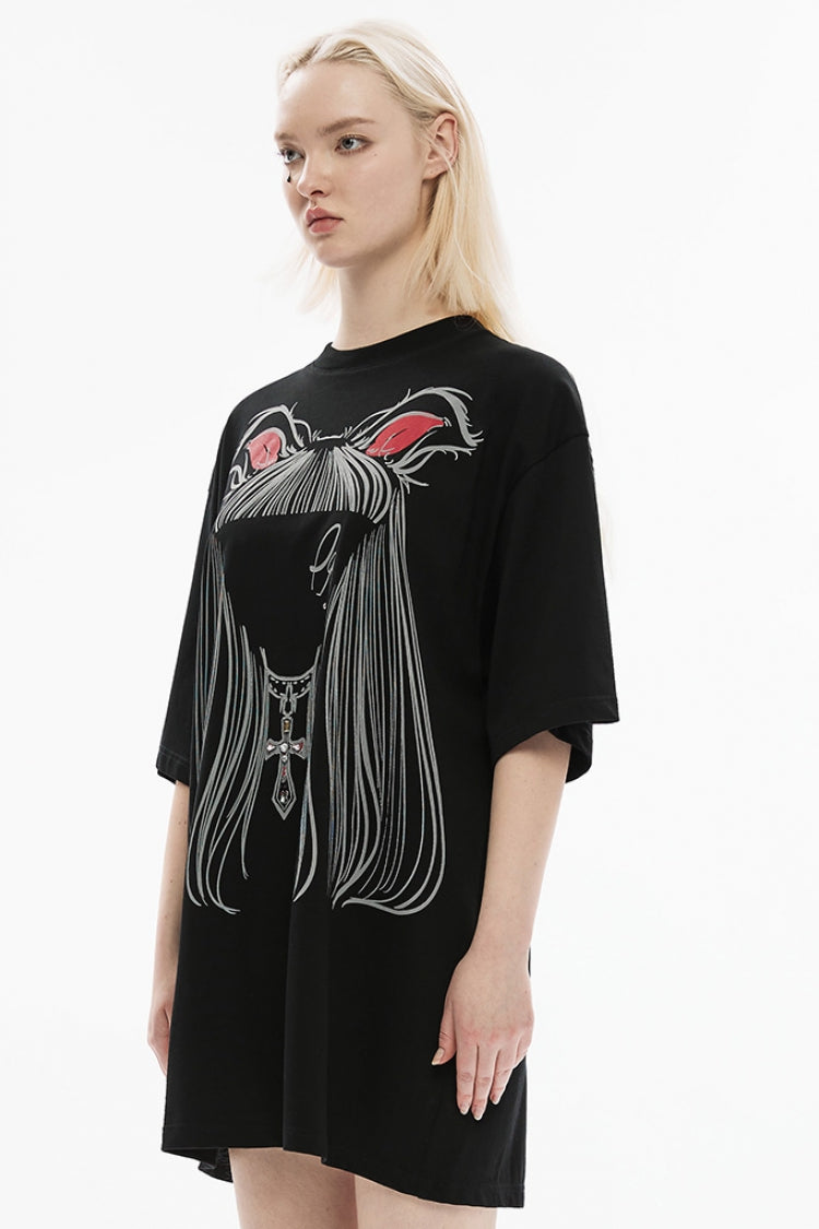 Punk Tee with Faceless Cat-Ear Girl Graphic - Oversized