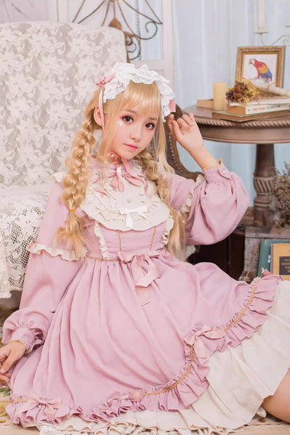Pink Long Sleeves Ruffle Bow Daily Sweet Princess Lolita Dress