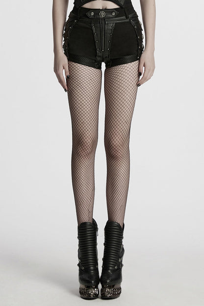 Faux Leather Punk Shorts with Mesh and Stud Embellishments