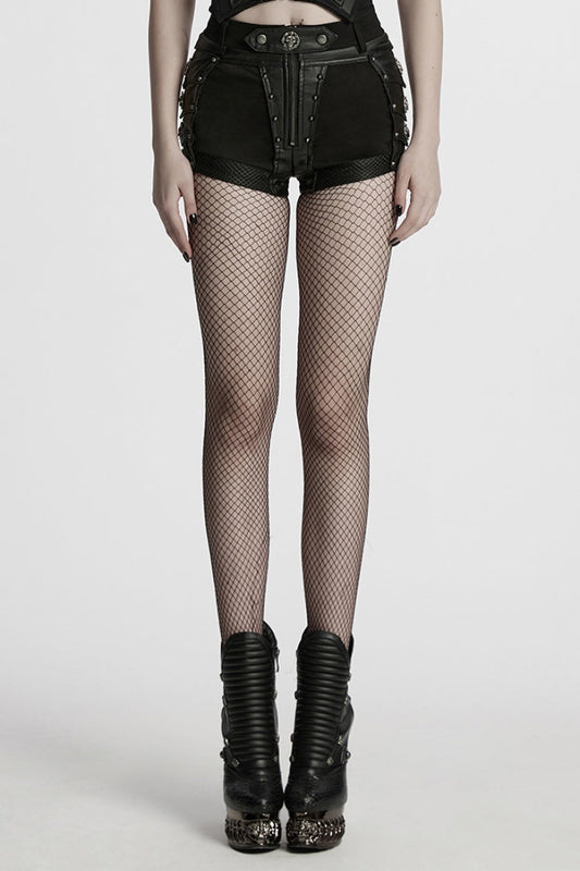 Faux Leather Punk Shorts with Mesh and Stud Embellishments