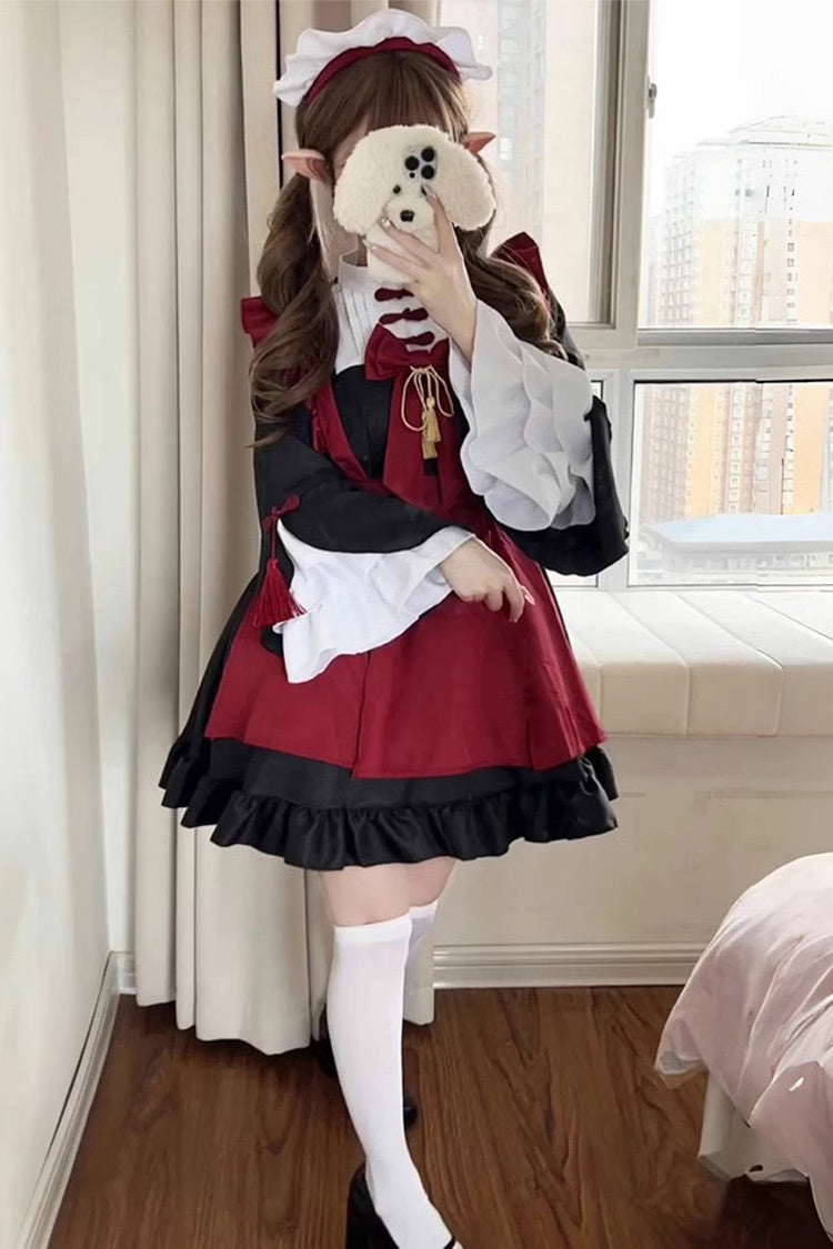 Black and Crimson Maid Long Trumpet Sleeves Ruffle Bow Classic Plus Size Chinese Lolita Set