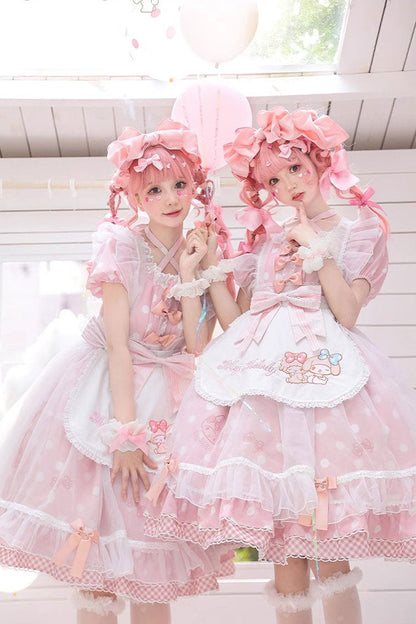 Pink Short Sleeves Melody Print Ruffle Bow Sweet Lolita Dress