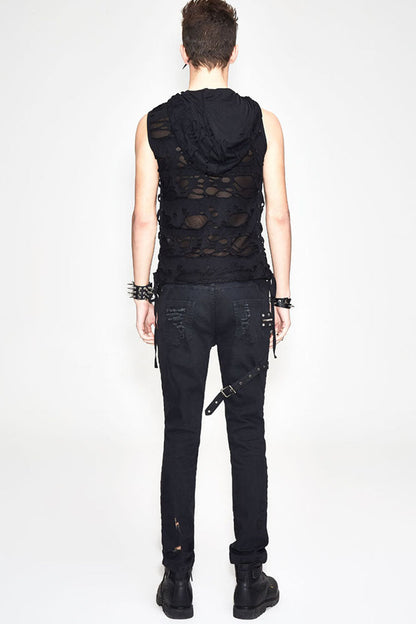 Edgy No-Sleeve Punk Tee with Distressed Ribbon Lacing