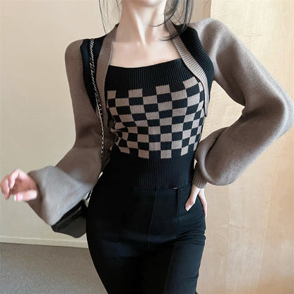Lattice Pants Set Print Split Sweater Casual