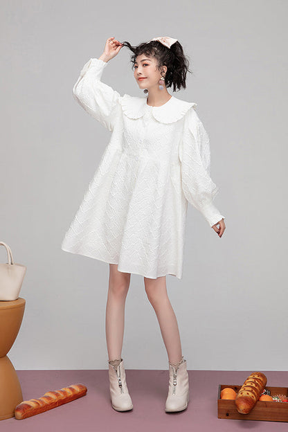 Plaid Jacquard Doll Collar Puff Sleeve OP
