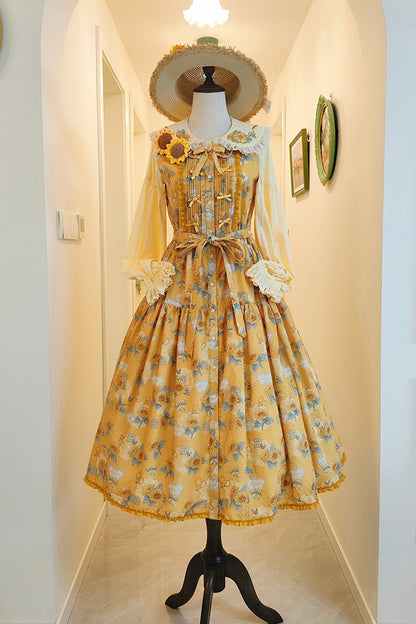 Golden Sleeveless Ruffled Bow Sunflower JSK Elegant Dress