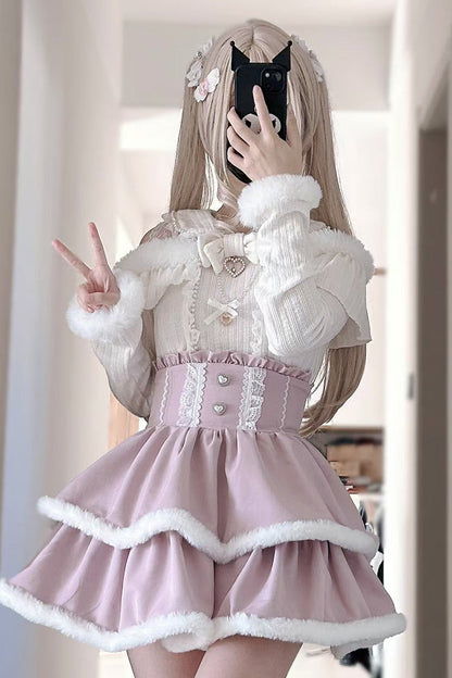 Pink Double-Layer Ruffle Lace Japanese Skirt