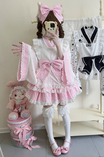 Pink White Double-Layer Ruffle Bow Maid Sweet Lolita Skirt Set