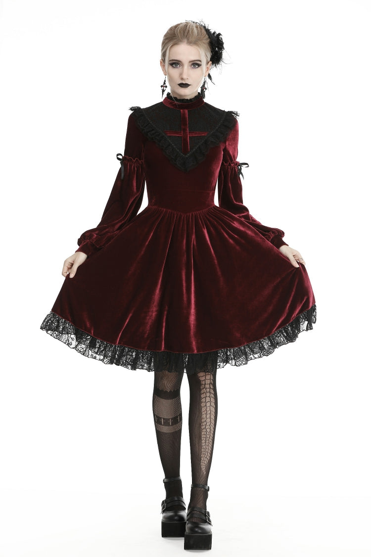 Vintage Long Sleeve Lace Collar Cross Gothic Velvet Dress for Women