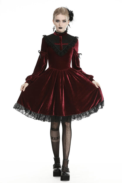 Vintage Long Sleeve Lace Collar Cross Gothic Velvet Dress for Women