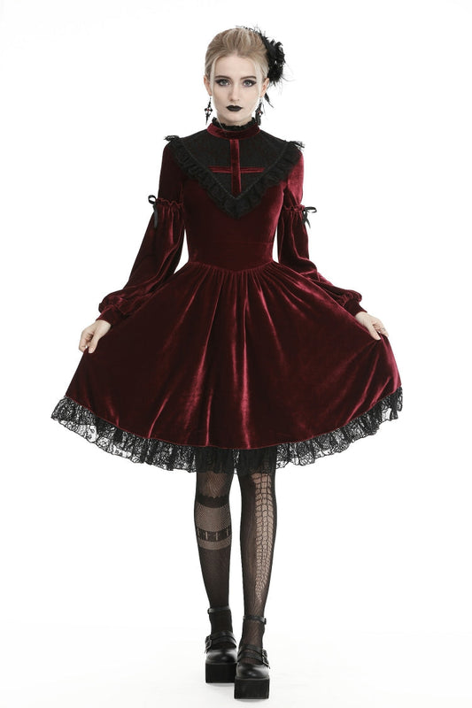 Vintage Long Sleeve Lace Collar Cross Gothic Velvet Dress for Women
